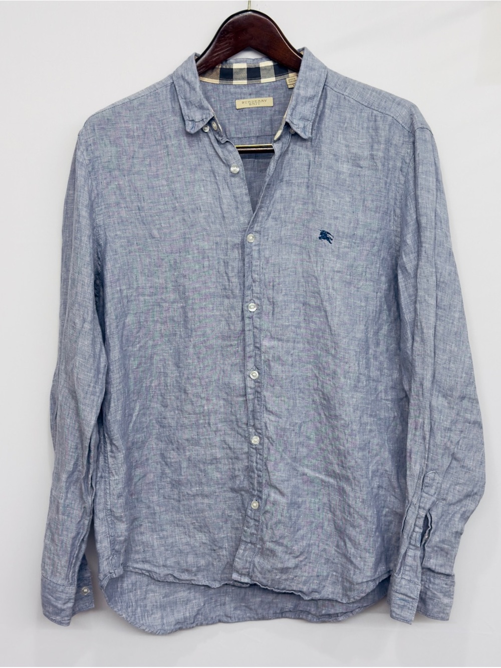 Burberry Brit %100 Linen Nova Check Flip Cuff  Blue Button Down Shirt Size L